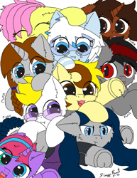 Size: 619x800 | Tagged: safe, artist:fliegerfausttop47, artist:twiny dust, oc, oc only, oc:azure interdictor, oc:backgroundpony#f352, oc:blood moon, oc:countess sweet bun, oc:dark, oc:dust, oc:lightpoint, oc:nocturnal vision, oc:woj-tek, bat pony, earth pony, original species, pegasus, plane pony, pony, unicorn, blue coat, blue eyes, blue mane, braid, braided ponytail, braided tail, brown coat, brown eyes, cheek fluff, chest fluff, cuddle puddle, cuddling, cute, daaaaaaaaaaaw, description is relevant, digital art, digitally colored, ear fluff, eyes closed, fluffy, glasses, gray coat, happy, lincolnbrewsterfan approved, looking at someone, looking at you, lying down, not fluttershy, ocbetes, pencil drawing, plane, pony pile, ponytail, prone, purple coat, purple eyes, purring, red eyes, redraw, simple background, slit pupils, smiling, snuggling, squish, story included, tail, too many ponies, traditional art, white coat