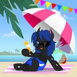 Size: 5000x5000 | Tagged: safe, artist:jhayarr23, oc, oc only, oc:swift dawn, changeling, :p, absurd resolution, beach, beach ball, beach umbrella, blue changeling, blue eyes, changeling oc, clothes, cloud, commission, detailed background, drink, fangs, food, horn, looking at you, lounging, male, ocean, one eye closed, orange, orange slices, palm tree, pennant, shorts, smiling, smiling at you, solo, straw, sunglasses, swimsuit, tongue out, towel, tree, water, wings, wink, ych result