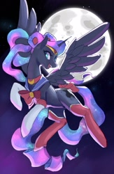Size: 1336x2048 | Tagged: safe, artist:rirurirue, princess luna, alicorn, pony, g4, alternate hairstyle, boots, bow, clothes, cosplay, costume, female, full moon, mare, moon, open mouth, open smile, sailor luna, sailor moon (series), shoes, smiling, solo, spread wings, thigh boots, wings
