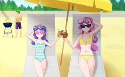Size: 1138x702 | Tagged: safe, artist:riouku, princess flurry heart, spike, sweetie belle, human, g4, beach, belly button, bikini, clothes, commission, female, flurryspike, grill, humanized, male, older, older flurry heart, older spike, older sweetie belle, one-piece swimsuit, sand, ship:spikebelle, shipping, straight, sunglasses, swimsuit, uncle spike, yellow bikini