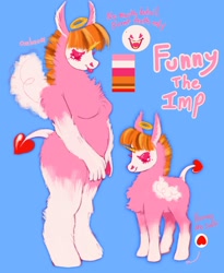 Size: 1678x2048 | Tagged: safe, artist:ombnom, oc, oc:funny the imp, alicorn, pony, anthro, chest fluff, fluffy, halo, heart, reference sheet, text, tongue out, wings