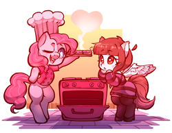 Size: 2000x1550 | Tagged: safe, artist:srporpoise, pinkie pie, oc, oc:arwencuack, earth pony, pegasus, pony, semi-anthro, g4, adorable face, arm hooves, best friends, bff, chef's hat, cute, hat, heart, heart eyes, love, one eye closed, oven, stove, wingding eyes