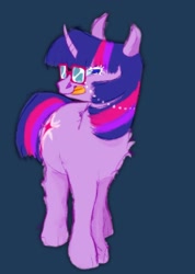 Size: 1452x2045 | Tagged: safe, artist:ombnom, twilight sparkle, pony, unicorn, g4, blue background, chest fluff, glasses, looking at you, simple background, smiling, solo, tongue out, unicorn twilight