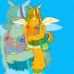 Size: 1080x1080 | Tagged: safe, artist:ombnom, oc, oc:burger mare, alicorn, anthro, blue background, clothes, hand, hooves, shorts, simple background, solo, spread wings, tank top, text, unshorn fetlocks, wings