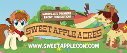 Size: 1024x431 | Tagged: safe, oc, oc only, oc:lil' opry, oc:rowdy sketch, earth pony, pony, 2013, advertisement, apple, convention, female, food, link in description, logo, male, mare, mascot, meta, saac, siblings, stallion, sweet apple acres con, text, twins, zap apple