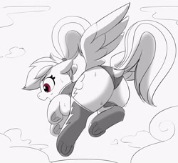 Size: 1918x1751 | Tagged: safe, artist:pabbley, rainbow dash, pegasus, pony, g4, alternate hairstyle, butt, clothes, dock, female, floppy ears, flying, frog (hoof), grayscale, large butt, latex, latex socks, low angle, mare, monochrome, open mouth, open smile, partial color, plot, ponytail, rainbutt dash, smiling, socks, solo, sweat, tail, tail hole, underhoof, uniform, wonderbolts uniform
