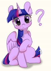 Size: 2469x3443 | Tagged: safe, artist:twiliset, derpibooru exclusive, twilight sparkle, alicorn, pony, g4, cute, doubt, female, high res, looking down, mare, pouting, question mark, raised hoof, simple background, sitting, solo, twiabetes, twilight sparkle (alicorn), white background