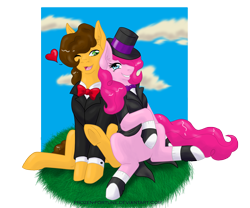 Size: 2817x2341 | Tagged: safe, artist:frozen-fortune, cheese sandwich, pinkie pie, earth pony, pony, g4, bowtie, clothes, female, grass, hat, heart, high res, male, mare, ship:cheesepie, shipping, simple background, smiling, socks, stallion, straight, suit, transparent background