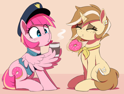 Size: 1150x875 | Tagged: safe, artist:thebatfang, oc, oc only, oc:latte luxury, oc:sweet serving, pegasus, pony, unicorn, blowing, clothes, coffee, crumbs, donut, duo, duo female, eating, eyes closed, female, food, hat, herbivore, horn, magic, mare, pegasus oc, police, police hat, police pony, police uniform, simple background, sitting, steam, telekinesis, unicorn oc, wing hold, wings