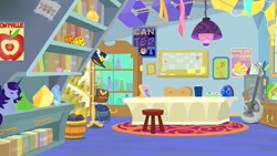 Size: 800x450 | Tagged: safe, edit, edited screencap, screencap, a horse shoe-in, g4, background, basket, book, bookshelf, bottle, box kite, canterlot, chair, desk, file cabinet, geode, guitar, hat, kite, musical instrument, no pony, plushie, poster, quill, rug, satchel, scroll, starlight's office, stool, trash can
