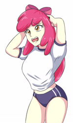 Size: 1360x2283 | Tagged: safe, artist:sumin6301, apple bloom, human, equestria girls, g4, bow, gym shorts, hair bow, hand on head, older, older apple bloom, open mouth, simple background, solo, sports panties, white background, workout outfit, worried