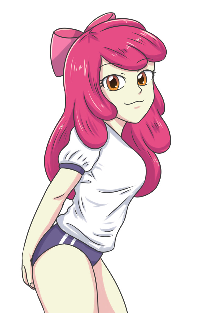 [apple bloom,bow,equestria girls,hair bow,human,looking at you,older,safe,simple background,solo,white background,workout outfit,butt touch,artist:sumin6301,older apple bloom,hand on butt,sports panties]