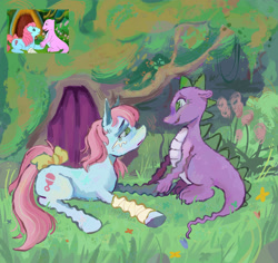 Size: 2048x1930 | Tagged: safe, artist:puppetizer, baby cuddles, spike (g1), dragon, earth pony, pony, g1, my little pony 'n friends, the end of flutter valley, baby, baby pony, bandage, bow, cuddlebetes, cute, duo, female, filly, foal, g1 spikabetes, male, sad, sadorable, scene interpretation, screencap reference, tail, tail bow, teary eyes
