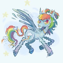 Size: 2048x2048 | Tagged: safe, artist:puppetizer, rainbow dash, pegasus, pony, g4, alternate design, alternate hairstyle, high res, nose piercing, nose ring, piercing, ponytails, redesign, solo, spread wings, wings