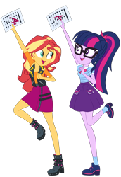 Size: 4000x5818 | Tagged: safe, artist:gmaplay, sci-twi, sunset shimmer, twilight sparkle, human, equestria girls, g4, my little pony equestria girls: better together, the finals countdown, boots, clothes, cute, duo, duo female, female, happy, jumping, sci-twi skirt, shoes, simple background, skirt, transparent background