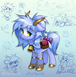Size: 1975x2008 | Tagged: safe, artist:マックス・バン=エイケン, oc, oc only, pony, angry, bag, bow, cake, candy, cross-popping veins, crying, dream, emanata, eyes closed, female, floating heart, food, heart, hoof shoes, horns, ice cream, lollipop, lying down, mare, pie, plushie, prone, saddle bag, signature, sleeping, smiling, sparkles, sweat, sweatdrops, tail, tail bow, teddy bear, thought bubble
