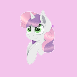 Size: 1600x1600 | Tagged: safe, artist:kathepart, sweetie belle, pony, unicorn, g4, cute, diasweetes, female, filly, foal, purple background, signature, simple background