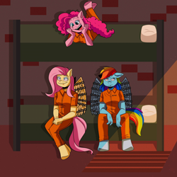 Size: 1920x1920 | Tagged: safe, artist:jamesnoz1s, fluttershy, pinkie pie, rainbow dash, earth pony, pegasus, anthro, unguligrade anthro, g4, bed, breasts, bunk bed, clothes, happy, jail, jail cell, jumpsuit, never doubt rainbowdash69's involvement, pillow, prison, prison outfit, prisoner, prisoner ft, prisoner pp, prisoner rd, rainbow dash is not amused, trio, unamused, varying degrees of want