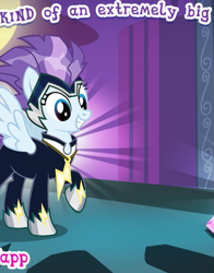 Size: 663x845 | Tagged: safe, gameloft, zapp, pegasus, pony, g4, official, aurora (zapp), clothes, costume, cropped, english, female, jewelry, mare, meme, necklace, power ponies, solo, spread wings, text, wings, wow! glimmer