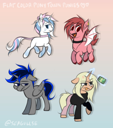 Size: 1776x2008 | Tagged: safe, artist:マックス・バン=エイケン, oc, oc only, alicorn, bat pony, earth pony, pony, unicorn, alicorn oc, bat pony oc, choker, clothes, cross-popping veins, ear fluff, ear piercing, emanata, fangs, female, flapping wings, flying, folded wings, frustrated, glowing, glowing horn, gradient background, horn, leonine tail, levitation, lidded eyes, looking at you, magic, magic aura, mare, open mouth, open smile, pants, piercing, raised tail, shirt, smiling, spread wings, tail, telekinesis, tongue out, unicorn oc, wings