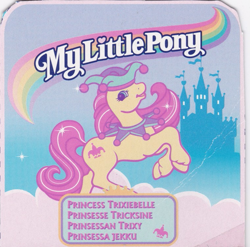 Size: 759x749 | Tagged: safe, princess trixiebelle, earth pony, pony, g2, official, backcard, castle, cloud, female, hat, jester hat, mare, rearing, ruff (clothing), scan, solo, text, unshorn fetlocks