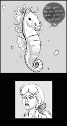 Size: 1280x2400 | Tagged: safe, artist:yunyin, megan williams, human, sea pony, g1, 2 panel comic, bow, bubble, comic, crepuscular rays, dialogue, disgusted, female, fins, flehmen response, hair bow, hoers, horses doing horse things, monochrome, ocean, scales, shoo be doo, speech bubble, sunlight, swimming, underwater, water