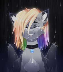 Size: 1802x2044 | Tagged: safe, artist:buvanybu, oc, oc only, oc:buvany, pegasus, pony, cheek fluff, choker, crying, ear fluff, ear piercing, earring, eyes closed, grin, jewelry, multicolored hair, piercing, rain, rainbow hair, smiling, solo, wet, wet mane, wing fluff, wings