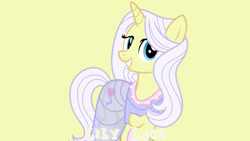 Size: 1920x1080 | Tagged: safe, artist:cheezedoodle96, edit, editor:jaredking779, lily lace, pony, unicorn, g4, clothes, dress, female, mare, raised hoof, see-through, simple background, solo, yellow background