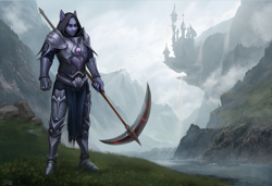 Size: 3280x2248 | Tagged: safe, artist:dacsy, oc, oc only, oc:moonsaber, anthro, armor, canterlot castle, high res, knight, mountain, river, scenery, scythe, solo, water