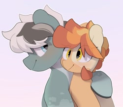 Size: 2494x2178 | Tagged: safe, artist:mochi_nation, oc, oc only, oc:flame egg, oc:turquoise (mochi_nation), earth pony, pony, eye clipping through hair, female, gradient background, high res, hoof around neck, looking at each other, looking at someone, male, mare, oc x oc, shipping, simple background, smiling, smiling at each other, stallion, straight
