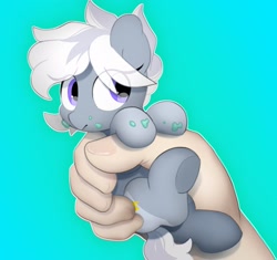 Size: 2289x2150 | Tagged: safe, artist:mochi_nation, oc, oc only, oc:silver bolt, earth pony, human, pony, cute, disembodied hand, earth pony oc, eye clipping through hair, female, food, hand, high res, holding a pony, ice cream, in goliath's palm, mare, micro, ocbetes, offscreen character, simple background, size difference, solo focus, tiny, tiny ponies, underhoof
