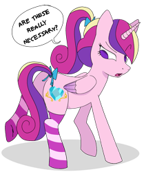 Size: 1543x1823 | Tagged: safe, artist:reponer, derpibooru exclusive, princess cadance, alicorn, pony, g4, bow, butt, clothes, dialogue, english, eyebrows, eyebrows visible through hair, female, hair bow, looking back, lovebutt, mare, pink fur, plot, ponytail, questioning, raised eyebrow, simple background, socks, solo, striped socks, teen princess cadance, transparent background, young cadance