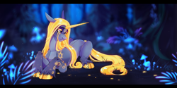 Size: 3325x1665 | Tagged: safe, artist:kanika-png, oc, oc only, pony, unicorn, bioluminescent, forest, glowing, mushroom, night, sad, solo