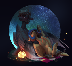 Size: 2068x1903 | Tagged: safe, artist:kanika-png, oc, oc only, firefly (insect), insect, pegasus, pony, concave belly, duo, lantern, large wings, looking at each other, looking at someone, night, partially open wings, picnic blanket, slender, stars, thin, wings