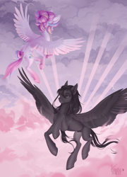 Size: 2736x3802 | Tagged: safe, artist:kanika-png, oc, oc only, pegasus, pony, cloud, couple, dawn, duo, flying, high res, light rays, nudity, pink sky, sheath, sheathed, sky