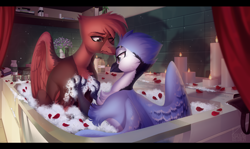 Size: 4400x2625 | Tagged: safe, artist:kanika-png, oc, oc only, griffon, bath, bathing, bathroom, bathtub, candle, couple, cuddling, duo, petals, soap