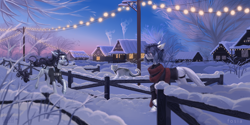 Size: 4000x2000 | Tagged: safe, artist:fosia, artist:kanika-png, oc, oc only, cat, original species, pony, collaboration, detailed background, duo, houses, lights, snow, town, winter