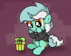 Size: 2879x2253 | Tagged: safe, artist:background basset, lyra heartstrings, pony, unicorn, g4, clothes, cute, dig the swell hoodie, female, happy, high res, hoodie, lyrabetes, mare, present, sitting, smiling, solo