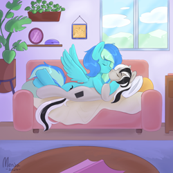 Size: 3000x3000 | Tagged: safe, artist:merisa, oc, oc:agile trace, oc:renown composition, earth pony, pegasus, pony, fanfic:third wheel, blanket, couch, duo, female, high res, kiss on the lips, kissing, lesbian, living room, mare, pillow, plant, plants, window