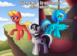 Size: 4800x3500 | Tagged: safe, artist:madelinne, oc, oc:agile trace, oc:renown composition, oc:solar spark, earth pony, pegasus, pony, unicorn, fanfic:third wheel, cliff, cloud, female, field, male, mare, musical instrument, pegasus oc, piano, sky, smiling, stallion, sun