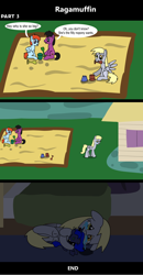 Size: 1920x3691 | Tagged: safe, artist:platinumdrop, derpy hooves, princess luna, oc, earth pony, pegasus, pony, comic:ragamuffin, g4, 3 panel comic, alone, bed, bedroom, blank flank, blanket, bucket, colt, comic, commission, crying, cuddling, depressed, despair, dialogue, female, filly, foal, grass, looking at you, lying down, male, mouth hold, orphan, orphanage, playground, playing, plushie, ponyville, prone, ragamuffin, room, sad, sad pony, sand, sandbox, shovel, smiling, speech bubble, spread wings, talking, tears of sadness, underhoof, walking, walking away, wings, younger