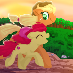 Size: 1200x1200 | Tagged: safe, artist:lindasaurie, apple bloom, applejack, earth pony, pony, g4, apple bloom's bow, applejack's hat, bow, cowboy hat, duo, duo female, eyes closed, female, filly, foal, freckles, hair bow, happy, hat, lineless, looking at someone, mare, open mouth, running, siblings, sisters, smiling, sunset, sweet apple acres