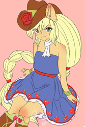 Size: 2000x3000 | Tagged: dead source, safe, artist:annixell, applejack, human, equestria girls, g4, my little pony equestria girls, bare shoulders, clothes, dress, fall formal outfits, female, high res, legs, ponied up, pony ears, simple background, sitting, sleeveless, sleeveless dress, solo, strapless, strapless dress
