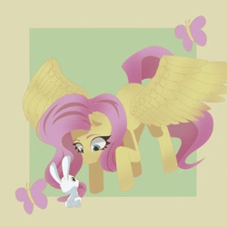 Size: 1040x1040 | Tagged: safe, artist:aioniadiafonia, angel bunny, fluttershy, butterfly, pegasus, pony, rabbit, g4, animal, duo, female, looking at each other, looking at someone, male, mare, passepartout