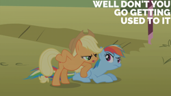 Size: 2000x1125 | Tagged: safe, edit, edited screencap, editor:quoterific, screencap, applejack, rainbow dash, earth pony, pegasus, pony, fall weather friends, g4, season 1, dialogue, duo, duo female, female, mare