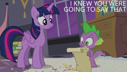 Size: 2000x1125 | Tagged: safe, edit, edited screencap, editor:quoterific, screencap, spike, twilight sparkle, alicorn, dragon, pony, g4, princess twilight sparkle (episode), book, scroll, twilight sparkle (alicorn)