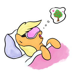 Size: 3000x3000 | Tagged: safe, artist:widelake, applejack, bloomberg, earth pony, pony, g4, apple, apple tree, bed, dream, female, high res, open mouth, pillow, simple background, sleep mask, sleeping, solo, that pony sure does love apples, tree, white background