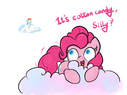 Size: 4000x3000 | Tagged: safe, artist:widelake, pinkie pie, rainbow dash, earth pony, pegasus, pony, g4, cloud, cotton candy, duo, duo female, female, high res, looking back, mare, on a cloud, open mouth, open smile, simple background, smiling, talking, text, white background