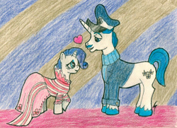 Size: 1050x761 | Tagged: safe, artist:pinkiepie-boy, fancypants, rarity, pony, unicorn, g4, clothes, dress, female, love, male, mare, ship:raripants, shipping, stallion, straight, traditional art