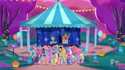 Size: 3072x1727 | Tagged: safe, screencap, dahlia, dapple, fifi (g5), jazz hooves, lemon gear, nightracer, rocky riff, rufus, sunny styles, windy, earth pony, pegasus, pony, unicorn, diva and conquer, g5, my little pony: tell your tale, spoiler:g5, spoiler:my little pony: tell your tale, spoiler:tyts01e56, female, male, mare, open mouth, open smile, smiling, stallion